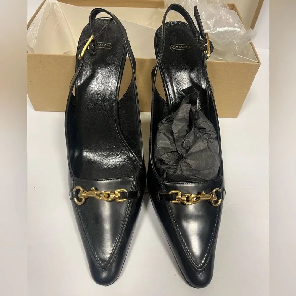 Coach Black Leather Slingback Pumps with Gold Hardware
